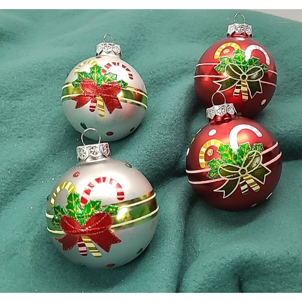 Set Of 4 G&D‎ Vintage Glass Hand Painted  Ornaments with Candy Canes